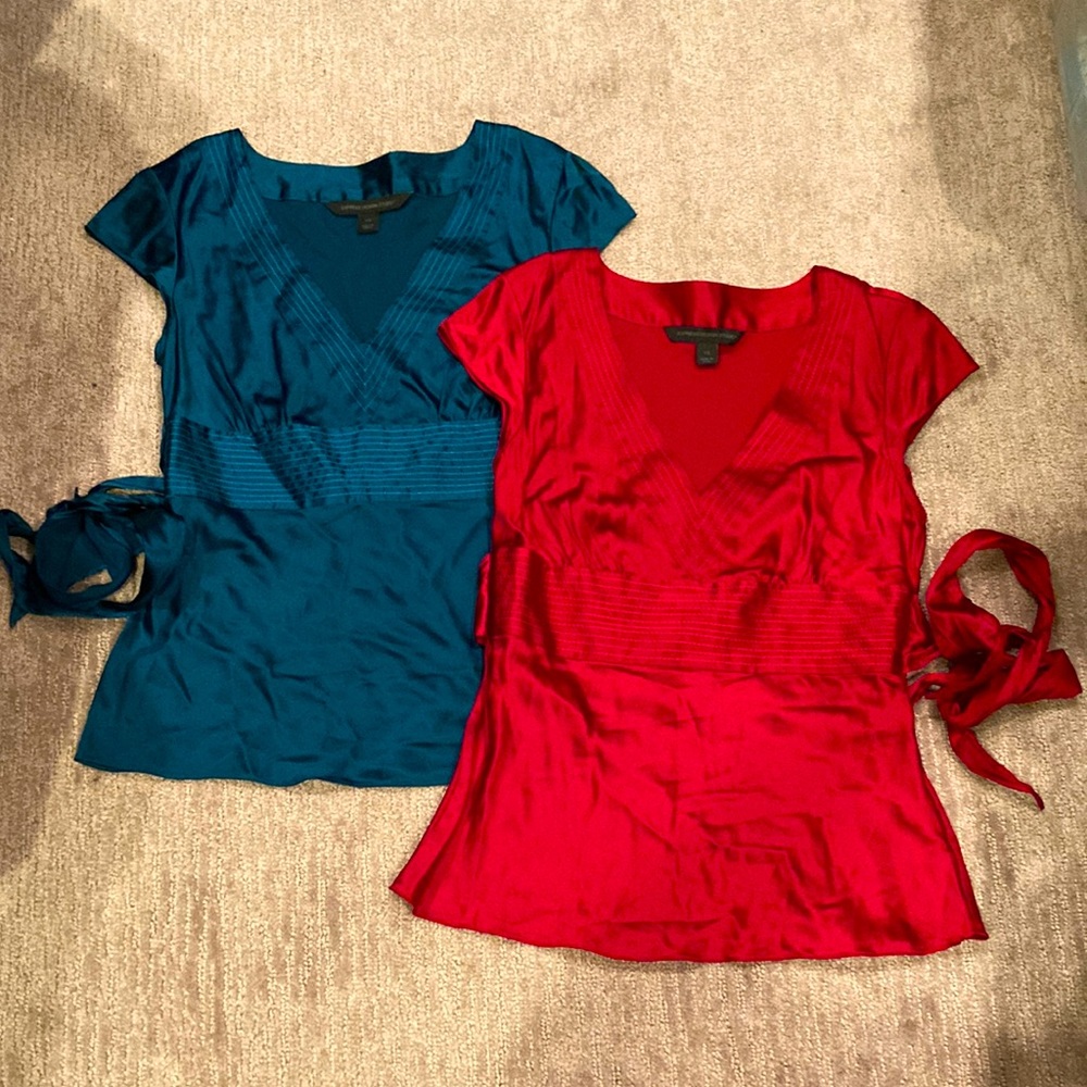 Express silk v-neck, tie back tops, teal and red, size XS
